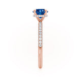 COCO- Round Blue Sapphire & Diamond 18k Rose Gold Petite Hidden Halo Triple Pavé Shoulder Set Ring Engagement Ring Lily Arkwright