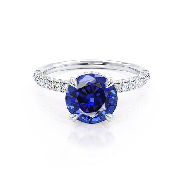 COCO- Round Blue Sapphire & Diamond 18k White Gold Petite Hidden Halo Triple Pavé Shoulder Set Ring Engagement Ring Lily Arkwright