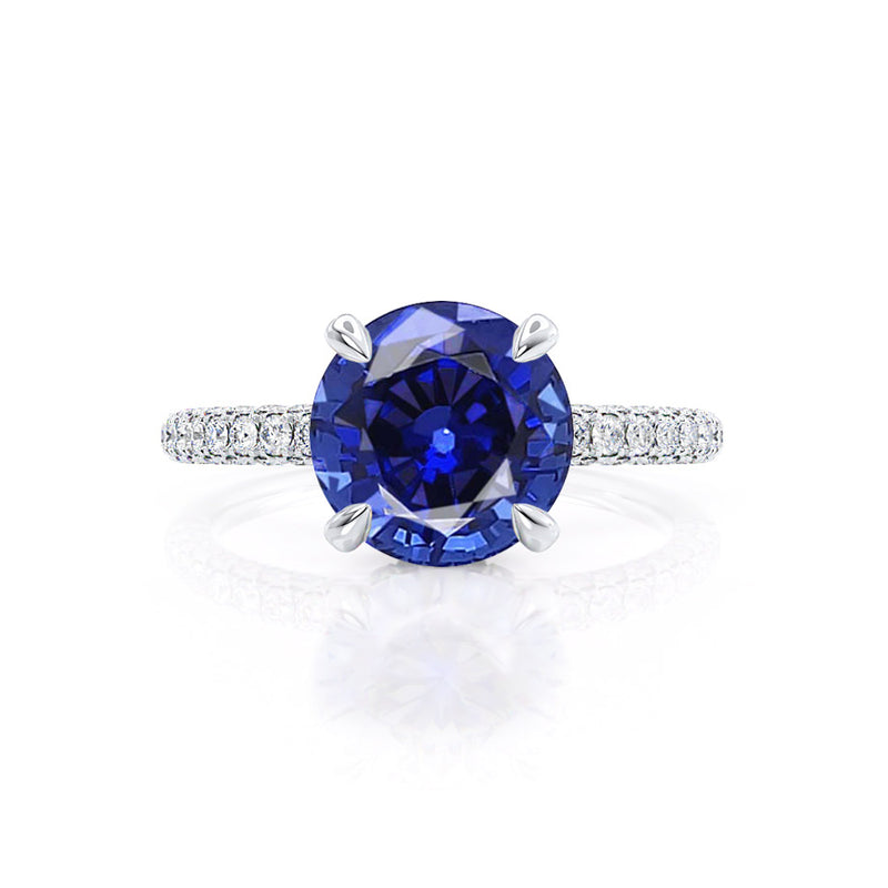 COCO- Round Blue Sapphire & Diamond 950 Platinum Petite Hidden Halo Triple Pavé Shoulder Set Ring Engagement Ring Lily Arkwright