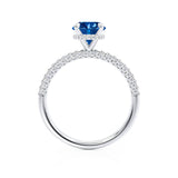 COCO- Round Blue Sapphire & Diamond 18k White Gold Petite Hidden Halo Triple Pavé Shoulder Set Ring Engagement Ring Lily Arkwright