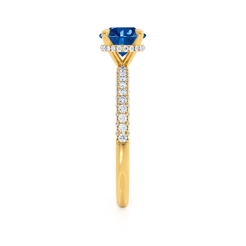 COCO- Round Blue Sapphire & Diamond 18k Yellow Gold Petite Hidden Halo Triple Pavé Shoulder Set Ring Engagement Ring Lily Arkwright