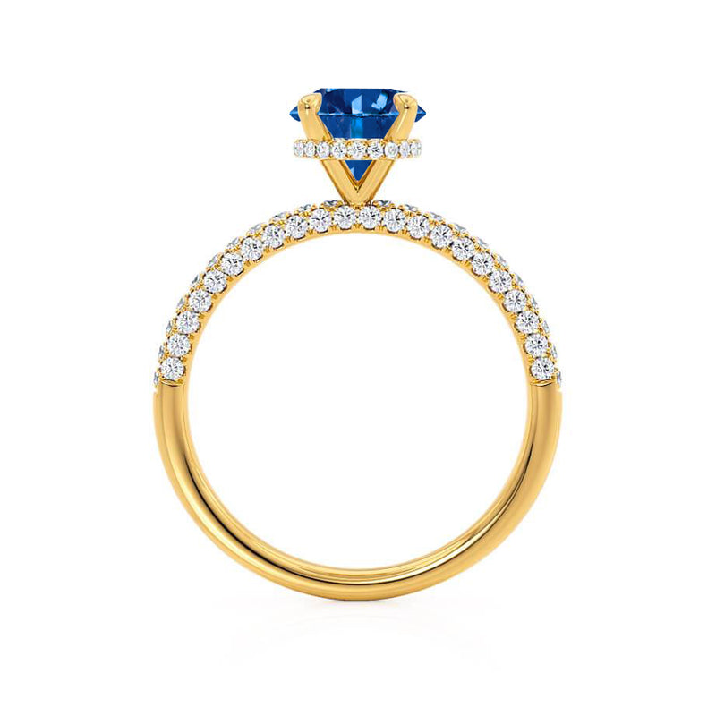 COCO- Round Blue Sapphire & Diamond 18k Yellow Gold Petite Hidden Halo Triple Pavé Shoulder Set Ring Engagement Ring Lily Arkwright