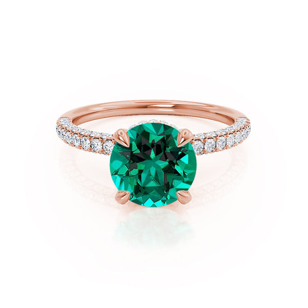 COCO- Round Emerald & Diamond 18k Rose Gold Petite Hidden Halo Triple Pavé Shoulder Set Ring Engagement Ring Lily Arkwright