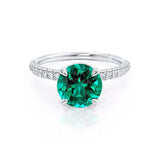 COCO- Round Emerald & Diamond 18k White Gold Petite Hidden Halo Triple Pavé Shoulder Set Ring Engagement Ring Lily Arkwright