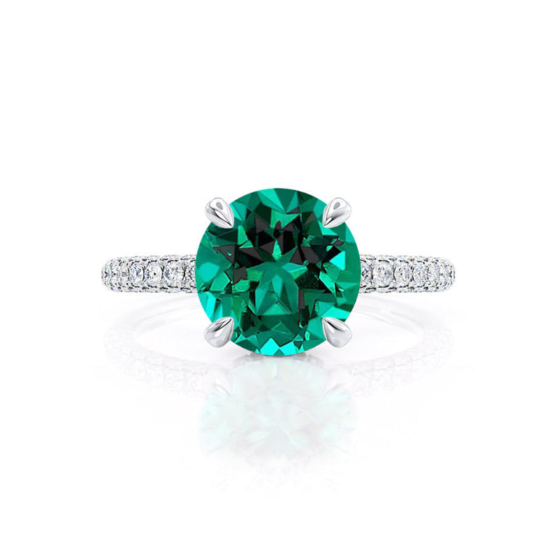 COCO- Round Emerald & Diamond 18k White Gold Petite Hidden Halo Triple Pavé Shoulder Set Ring Engagement Ring Lily Arkwright