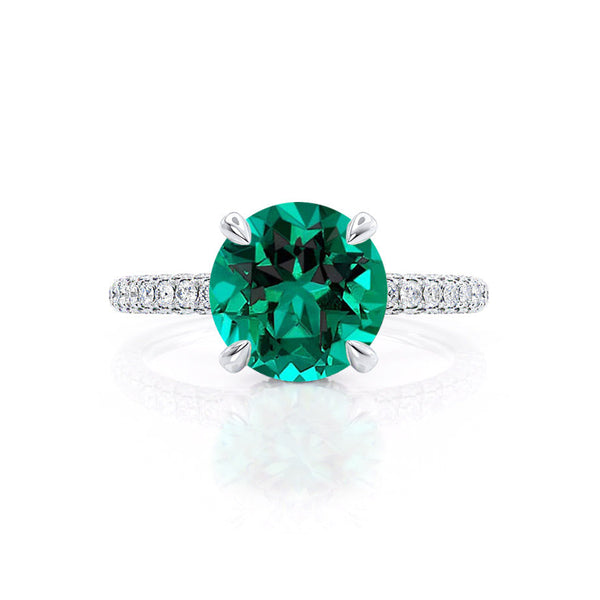 COCO- Round Emerald & Diamond 950 Platinum Petite Hidden Halo Triple Pavé Shoulder Set Ring Engagement Ring Lily Arkwright