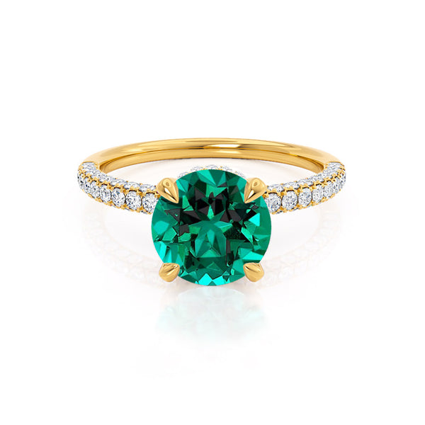 COCO- Round Emerald & Diamond 18k Yellow Gold Petite Hidden Halo Triple Pavé Shoulder Set Ring Engagement Ring Lily Arkwright