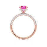 COCO- Round Pink Sapphire & Diamond 18k Rose Gold Petite Hidden Halo Triple Pavé Shoulder Set Ring Engagement Ring Lily Arkwright