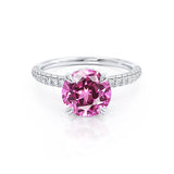 COCO- Round Pink Sapphire & Diamond 18k White Gold Petite Hidden Halo Triple Pavé Shoulder Set Ring Engagement Ring Lily Arkwright
