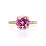 COCO- Round Pink Sapphire & Diamond 18k Yellow Gold Petite Hidden Halo Triple Pavé Shoulder Set Ring Engagement Ring Lily Arkwright