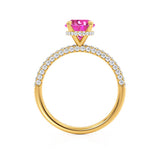 COCO- Round Pink Sapphire & Diamond 18k Yellow Gold Petite Hidden Halo Triple Pavé Shoulder Set Ring Engagement Ring Lily Arkwright