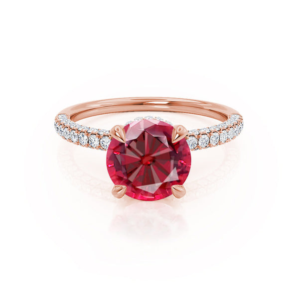 COCO- Round Ruby & Diamond 18k Rose Gold Petite Hidden Halo Triple Pavé Shoulder Set Ring Engagement Ring Lily Arkwright