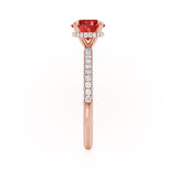 COCO- Round Ruby & Diamond 18k Rose Gold Petite Hidden Halo Triple Pavé Shoulder Set Ring Engagement Ring Lily Arkwright