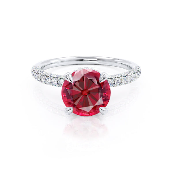 COCO- Round Ruby & Diamond 18k White Gold Petite Hidden Halo Triple Pavé Shoulder Set Ring Engagement Ring Lily Arkwright