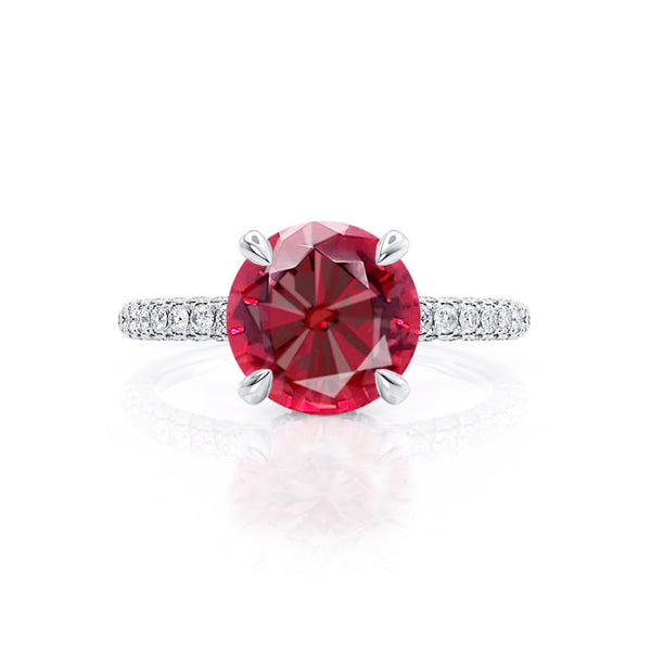 COCO- Round Ruby & Diamond 18k White Gold Petite Hidden Halo Triple Pavé Shoulder Set Ring Engagement Ring Lily Arkwright