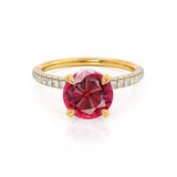 COCO- Round Ruby & Diamond 18k Yellow Gold Petite Hidden Halo Triple Pavé Shoulder Set Ring Engagement Ring Lily Arkwright