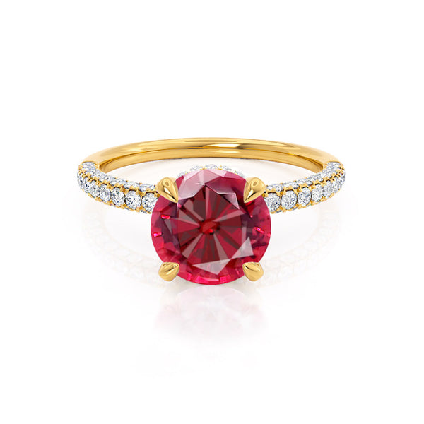 COCO- Round Ruby & Diamond 18k Yellow Gold Petite Hidden Halo Triple Pavé Shoulder Set Ring Engagement Ring Lily Arkwright