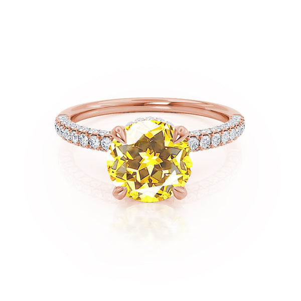 COCO- Round Yellow Sapphire & Diamond 18k Rose Gold Petite Hidden Halo Triple Pavé Shoulder Set Ring Engagement Ring Lily Arkwright