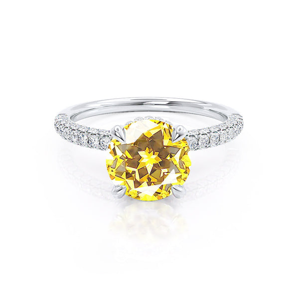 COCO- Round Yellow Sapphire & Diamond 18k White Gold Petite Hidden Halo Triple Pavé Shoulder Set Ring Engagement Ring Lily Arkwright