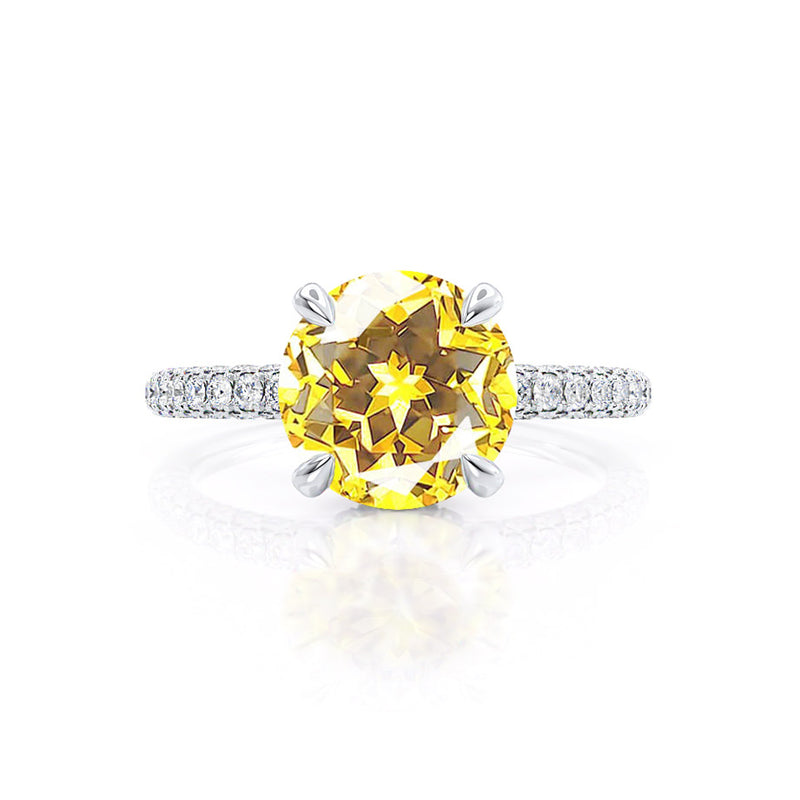 COCO- Round Yellow Sapphire & Diamond 18k White Gold Petite Hidden Halo Triple Pavé Shoulder Set Ring Engagement Ring Lily Arkwright