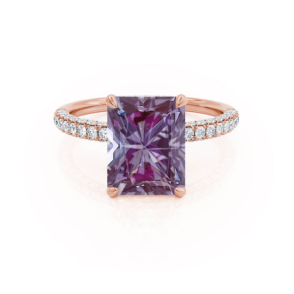 COCO - Radiant Alexandrite & Diamond 18k Rose Gold Petite Hidden Halo Triple Pavé Shoulder Set Ring Engagement Ring Lily Arkwright