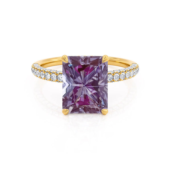 COCO - Radiant Alexandrite & Diamond 18k Yellow Gold Petite Hidden Halo Triple Pavé Shoulder Set Ring Engagement Ring Lily Arkwright