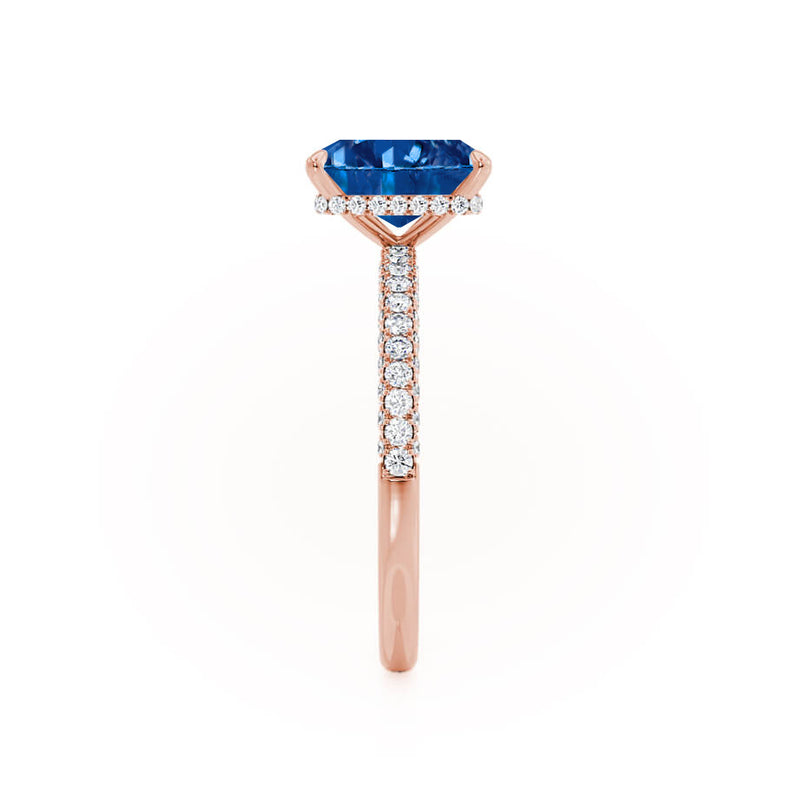 COCO - Radiant Blue Sapphire & Diamond 18k Rose Gold Petite Hidden Halo Triple Pavé Shoulder Set Ring Engagement Ring Lily Arkwright