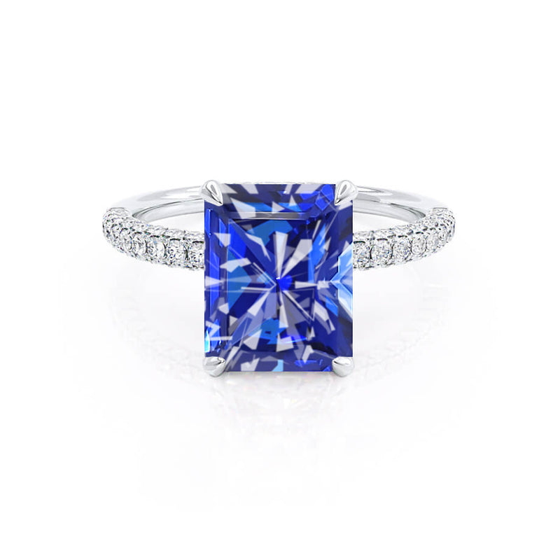 COCO - Radiant Blue Sapphire & Diamond 950 Platinum Petite Hidden Halo Triple Pavé Shoulder Set Ring Engagement Ring Lily Arkwright
