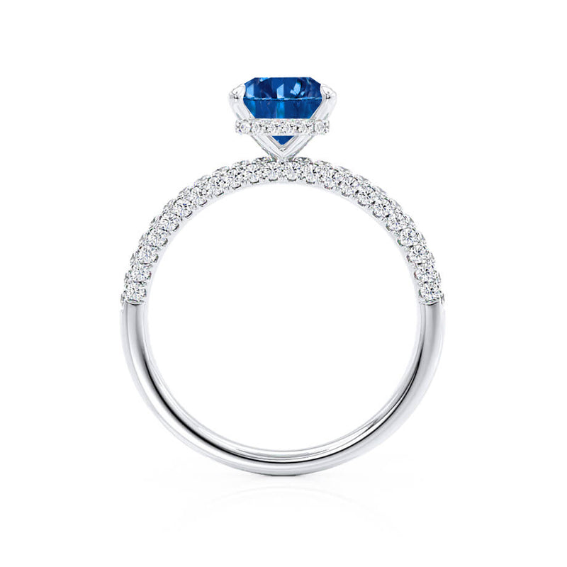 COCO - Radiant Blue Sapphire & Diamond 18k White Gold Petite Hidden Halo Triple Pavé Shoulder Set Ring Engagement Ring Lily Arkwright