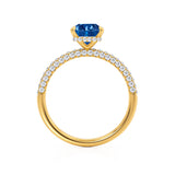 COCO - Radiant Blue Sapphire & Diamond 18k Yellow Gold Petite Hidden Halo Triple Pavé Shoulder Set Ring Engagement Ring Lily Arkwright