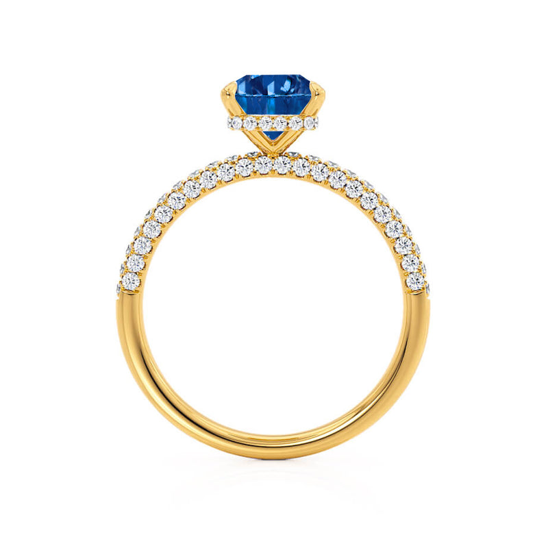 COCO - Radiant Blue Sapphire & Diamond 18k Yellow Gold Petite Hidden Halo Triple Pavé Shoulder Set Ring Engagement Ring Lily Arkwright