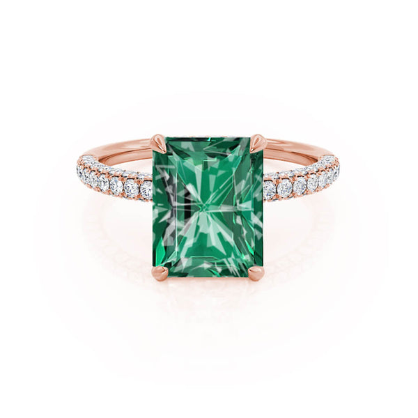 COCO - Radiant Emerald & Diamond 18k Rose Gold Petite Hidden Halo Triple Pavé Shoulder Set Ring Engagement Ring Lily Arkwright