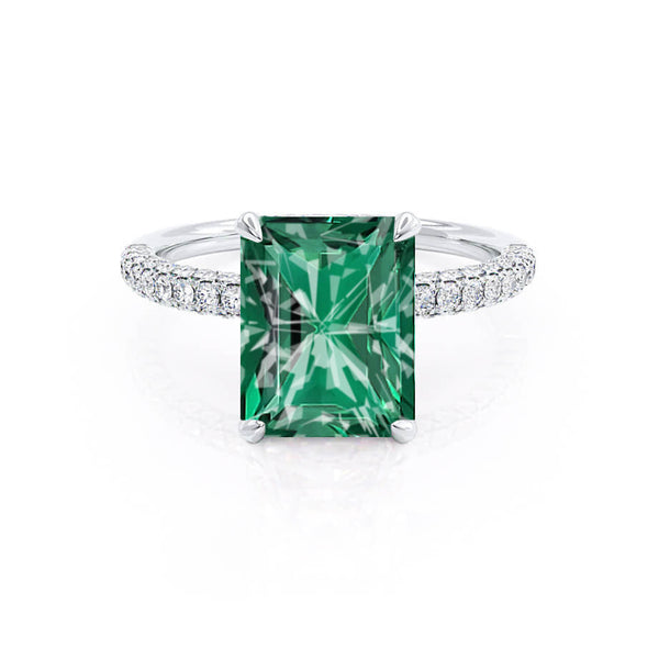 COCO - Radiant Emerald & Diamond 18k White Gold Petite Hidden Halo Triple Pavé Shoulder Set Ring Engagement Ring Lily Arkwright
