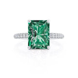 COCO - Radiant Emerald & Diamond 18k White Gold Petite Hidden Halo Triple Pavé Shoulder Set Ring Engagement Ring Lily Arkwright