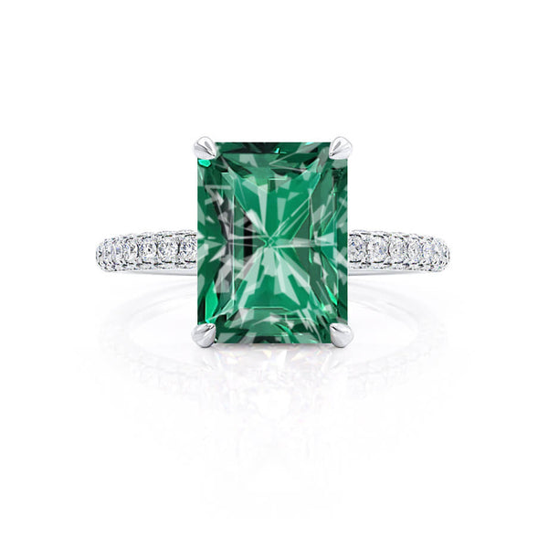 COCO - Radiant Emerald & Diamond 950 Platinum Petite Hidden Halo Triple Pavé Shoulder Set Ring Engagement Ring Lily Arkwright