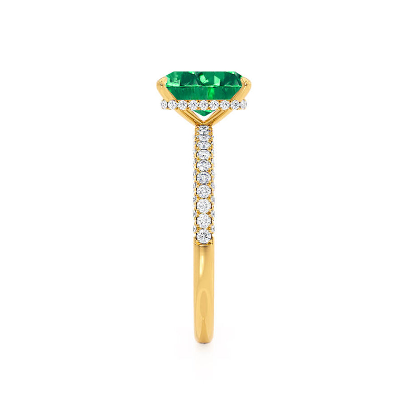 COCO - Radiant Emerald & Diamond 18k Yellow Gold Petite Hidden Halo Triple Pavé Shoulder Set Ring Engagement Ring Lily Arkwright