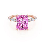 COCO - Radiant Pink Sapphire & Diamond 18k Rose Gold Petite Hidden Halo Triple Pavé Shoulder Set Ring Engagement Ring Lily Arkwright