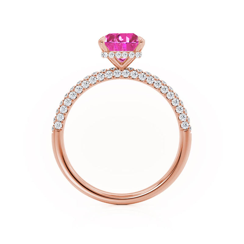 COCO - Radiant Pink Sapphire & Diamond 18k Rose Gold Petite Hidden Halo Triple Pavé Shoulder Set Ring Engagement Ring Lily Arkwright