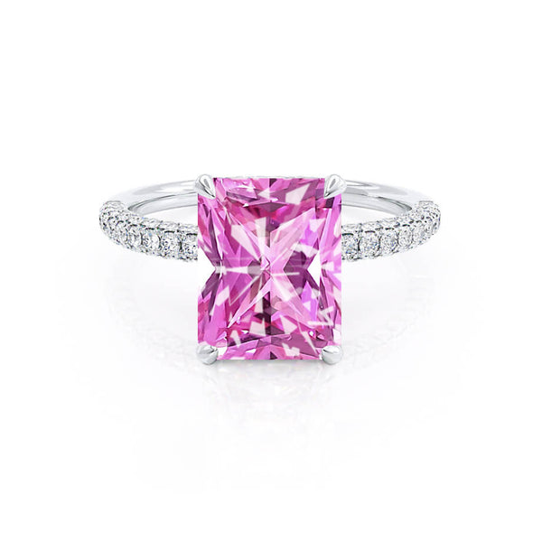 COCO - Radiant Pink Sapphire & Diamond 950 Platinum Petite Hidden Halo Triple Pavé Shoulder Set Ring Engagement Ring Lily Arkwright