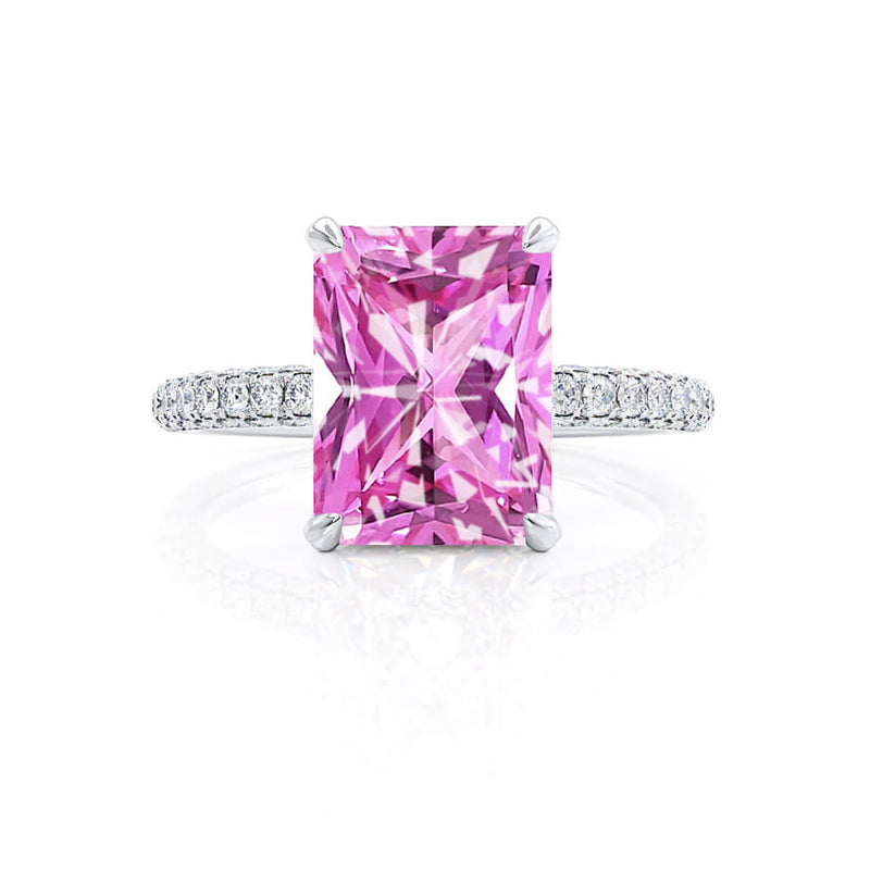 COCO - Radiant Pink Sapphire & Diamond 18k White Gold Petite Hidden Halo Triple Pavé Shoulder Set Ring Engagement Ring Lily Arkwright