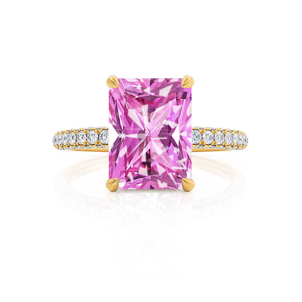 COCO - Radiant Pink Sapphire & Diamond 18k Yellow Gold Petite Hidden Halo Triple Pavé Shoulder Set Ring Engagement Ring Lily Arkwright