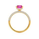 COCO - Radiant Pink Sapphire & Diamond 18k Yellow Gold Petite Hidden Halo Triple Pavé Shoulder Set Ring Engagement Ring Lily Arkwright