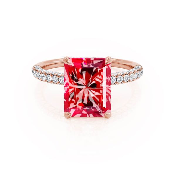 COCO - Radiant Ruby & Diamond 18k Rose Gold Petite Hidden Halo Triple Pavé Shoulder Set Ring Engagement Ring Lily Arkwright