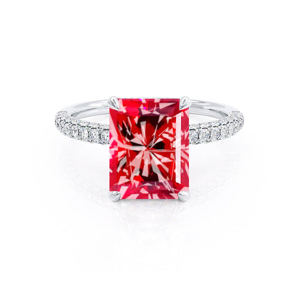 COCO - Radiant Ruby & Diamond 950 Platinum Petite Hidden Halo Triple Pavé Shoulder Set Ring Engagement Ring Lily Arkwright