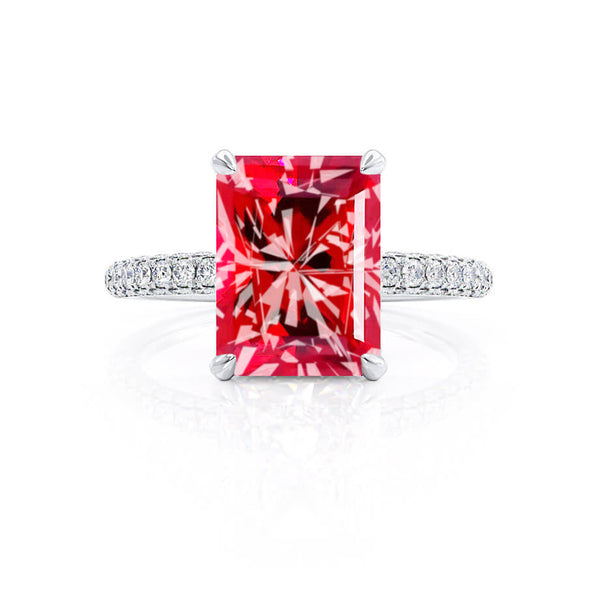 COCO - Radiant Ruby & Diamond 18k White Gold Petite Hidden Halo Triple Pavé Shoulder Set Ring Engagement Ring Lily Arkwright