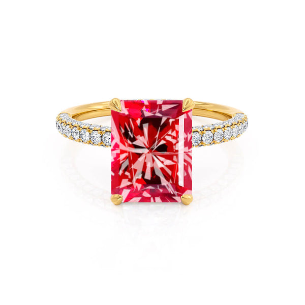 COCO - Radiant Ruby & Diamond 18k Yellow Gold Petite Hidden Halo Triple Pavé Shoulder Set Ring Engagement Ring Lily Arkwright