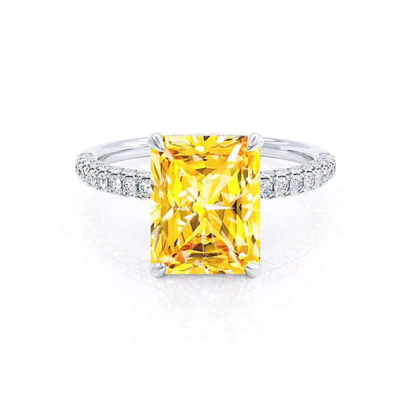 COCO - Radiant Yellow Sapphire & Diamond 18k White Gold Petite Hidden Halo Triple Pavé Shoulder Set Ring Engagement Ring Lily Arkwright