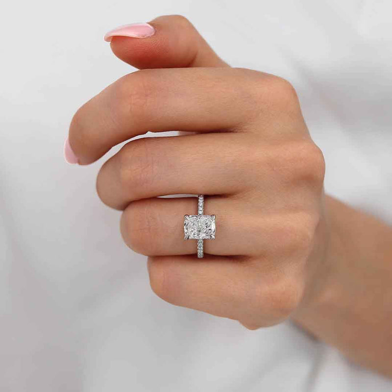 Coco 2.00ct Elongated Cushion Cut E Colour Natural Diamond 950 Platinum Petite Hidden Halo Triple Pavé Lily Arkwright Engagement Ring