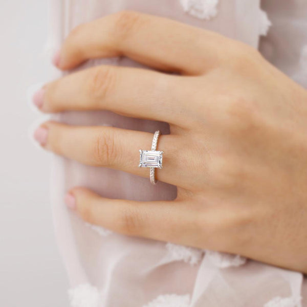 COCO - Emerald Natural Diamond 18k White Gold Hidden Halo Triple Pavé Ring Engagement Ring Lily Arkwright