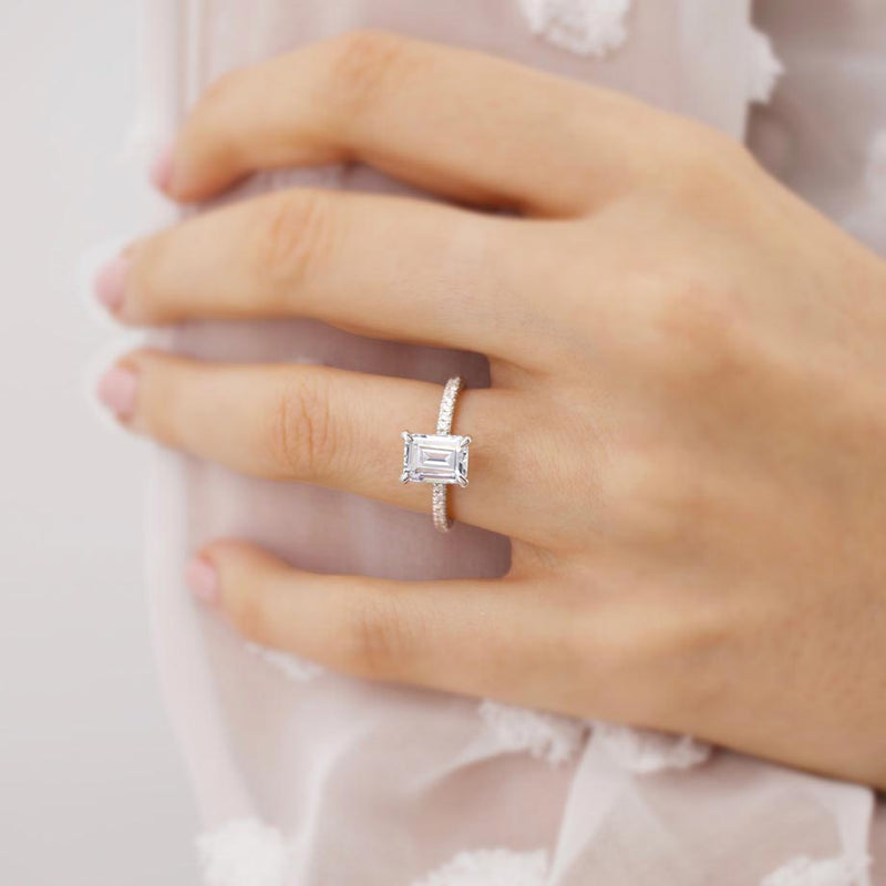 COCO - Emerald Natural Diamond 18k White Gold Hidden Halo Triple Pavé Ring Engagement Ring Lily Arkwright